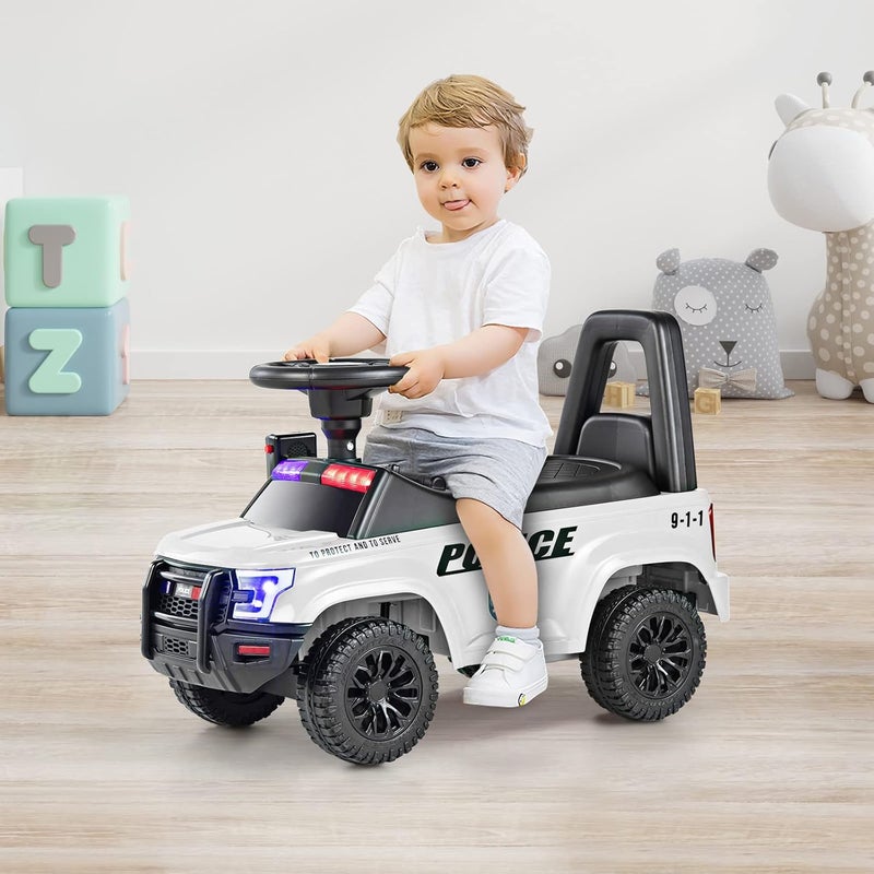 Olakids Ride On Push Police Car, Toddler Foot-to-Floor Sliding Toy with Siren, Steering Wheel, Megaphone, Horn, Headlights, Under Seat Storage, Kids Racer Walking Gift for Boys Girls 1-3 (White) - Image 2